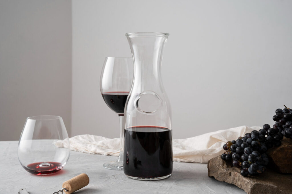 caraffa con vino rosso e bicchieri di vino rosso