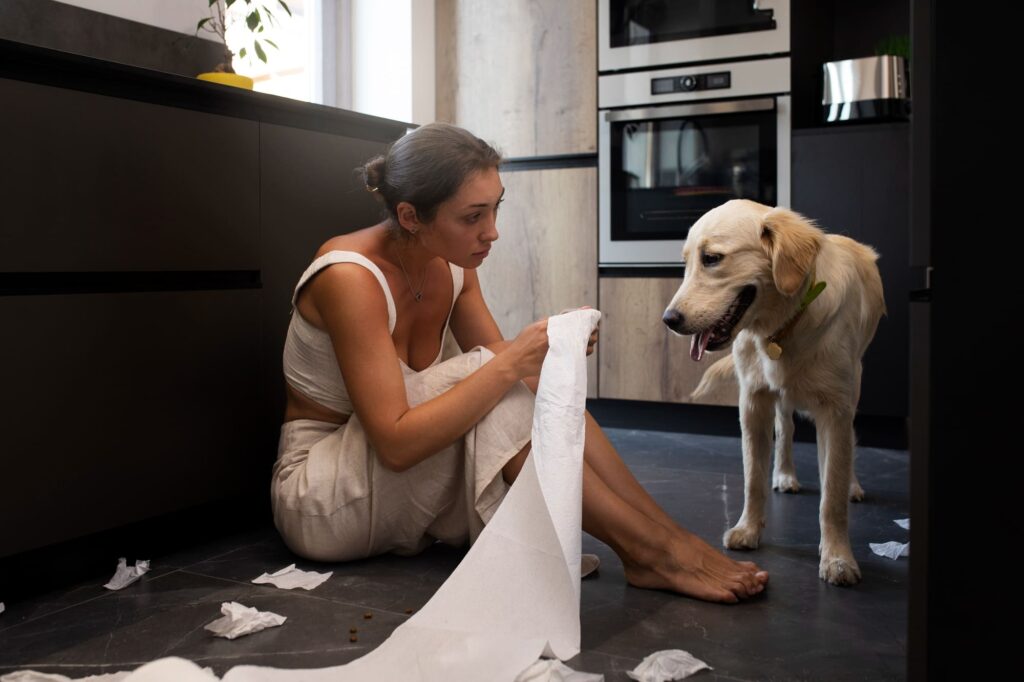 donna sgrida cane in cucina